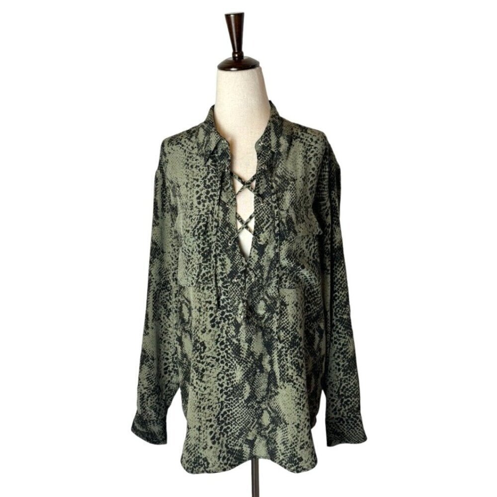 Equipment Shirt Womens Small Green And Black Silk Snakeskin Print Lace Up Blouse